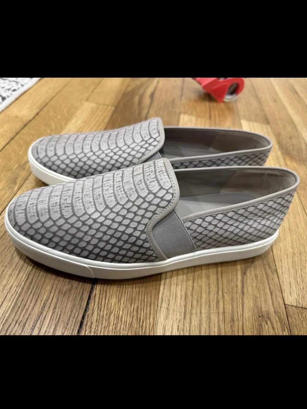 VINCE Grey - Tan Snake Embossed Leather Slip On Sneaker Shoe Women Size 8.5